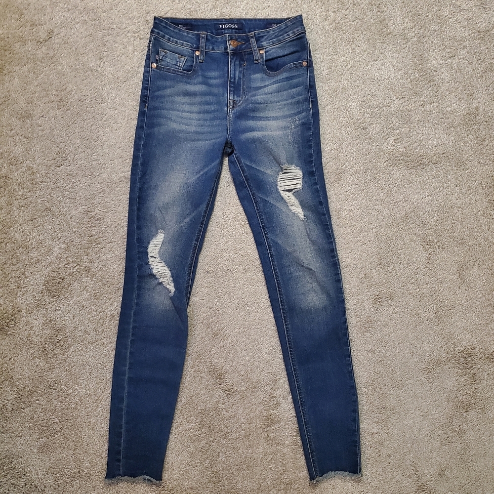 Vigoss Blue Distressed Raw Hem Skinny Jeans Size 24 EUC